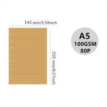 1pc 80 Sheets/160 Pages Refillable Notebook (Kraft Paper Pages), 100g Thick Mustard Yellow Laid Paper, Available In 3 Sizes: A6 (6 Rings, 105*170mm/4.13*6.69in), A5 (6 Rings, 142*210mm/5.59*8.27in), B5 (9 Rings, 182*255mm/7.16*10in),School Supplies,Back To School