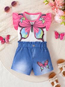 2 件套蝴蝶图案印花盖袖圆领上衣 + 数码印花蝴蝶针织短裤可爱简约套装（非牛仔布） - 白色 - 查看 2