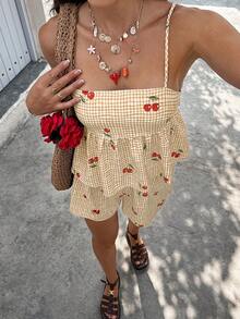 Doriss Summer Style 2pcs Cherry Printing Camisole Top And Shorts Set, Festival, Vacation Outfits, Eye-Catching Outfits, Romantic Holiday Style, Elegant, Back To School, Going Out Outfits - Khaki - View 2