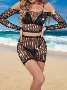 Sexy Crystal Rhinestone Lingerie, Seamless Net Mini Dress Swimwear Cover Up - Black - View 5