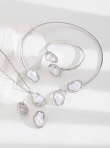 1/6件套欧美风不对称仿珍珠手链、戒指、项链、耳环首饰套装，浪漫优雅女士首饰礼品，适合日常、派对、婚礼等场合。 - 銀色 - 查看 9