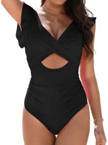 Womens One Piece Swimsuits Tummy Control Bathing Suits Ruffle Sleeve Cutout Swimsuit V Neck Wrap Swimwear,Local Delivery - 黑色 - 查看 6