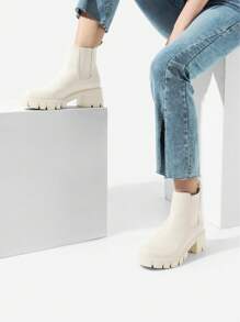 Women's Elastic Chelsea Ankle Boots Platform Low Chunky Block Heel Lug Sole Slip On Fall Heeled Boots - Beige - View 6