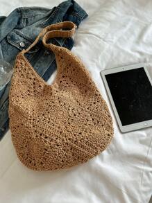女士编织向日葵图案手提包，大容量软肩手提包，时尚度假优雅 - 卡其色 - 查看 6
