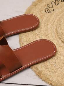 1 Pair Plus Size Brown Flat Slide Sandals For Teenage Girls, Solid Color PU Strap, Round Toe, Open Toe, Cute Roman Style, Suitable For Casual, Gatherings, Travel & Vacation, Spring/Summer New 2025 - Brown - View 6