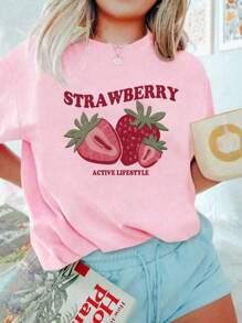 1 bucată Tween Girl cu imprimeu căpșuni, tricou cu mânecă scurtă, cu mânecă scurtă, top casual și confortabil de vară pentru studenți
