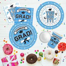 毕业桌毕业派对用品毕业装饰2025 届纸质毕业餐具套件（包括盘子、餐巾、杯子、桌布和悬挂式 2025 毕业派对装饰） - 淺藍色 - 查看 5