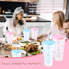 5/10pcs Pink And Red Ribbon Bow & Heart Plastic Tumblers With Straws And Lids, Ribbon Bow Flat Bottomed Cup, Pink Plastic Cup, Coffee Mug, Reusable, Suitable For Cold Drinks, Home, Office, Decoration, Party Gifts, Daily Use, Weddings, Commemoration Day, Afternoon Tea, Valentine's Day, Birthday, Parties, Water Bottle Back To School
