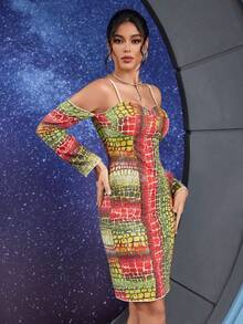 女士性感全身印花露肩正式晚礼服、派对礼服、婚礼宾客礼服、长袍 - 彩色 - 查看 4