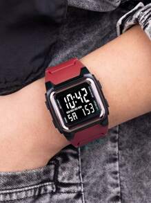 1pc Multifunctional Luminous Red Strap Square Dial Electronic Digital Display Men's Electronic Watch