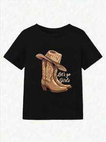Camiseta de manga corta y ajuste regular con estampado de botas del oeste para mujer, ideal para primavera/verano