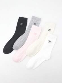 5 Pairs Ladies' Crew Socks, Cartoon Cute Solid Color Bow Design, Soft Comfortable Casual Fluffy Socks, Suitable For Daily Wear, Home, Office, Campus, Sports, All Seasons
