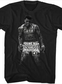 Camiseta para adulto de color negro con estampado digital de 220 g con una cita de el mayor boxeador de los años 60, llamado "GOAT" (el Mejor de Todos los Tiempos) - Negro - Ver 1