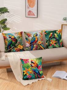 4 pièces Housses de coussin décoratives à motifs de perroquet tropical et floraux. Motifs de fleurs dans des pots et des tasses à thé. Pour la maison, le canapé, le salon, la chambre, le canapé-lit, les chaises (sans insert de coussin)
