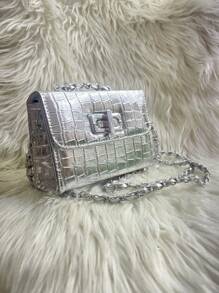 Women's Crocodile Shoulder Bag With Crossbody Strap And Swivel Closure - Silver - View 1