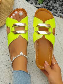 加大码 36-45 霓虹黄色金属扣露趾坡跟凉鞋,时尚百搭,舒适便鞋,适合海滩、度假和日常穿着 - 螢光黃 - 查看 3