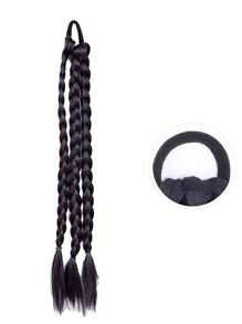 2 件装 18 英寸合成马尾辫接发 编织带弹性头带 盒状马尾辫 适合儿童 - 黑色 - 查看 3