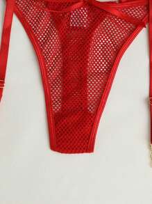 Woman's Lingerie Greener Mesh See Through Garter Bra Set Of 3 - 紅色 - 查看 4