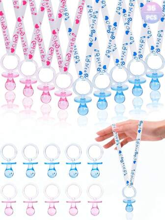 36 piezas Collar de chupete de acrílico, adorables regalos para fiesta de baño, decoraciones colgantes, colgantes transparentes azules y rosas, dispersiones para mesa de fiesta de revelación de género, juegos de baby shower, manualidades DIY, regalo para embarazadas, decoración de fiesta