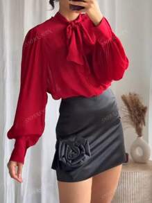 Women's Bowknot Neck Long Sleeves Sheer Chiffon Blouse Elegant Work Business Single Breasted Shirt Top Spring Outfits