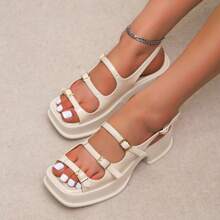 Women's Retro Open Toe Single Strap Thick Sole Sandals - Beige - View 5