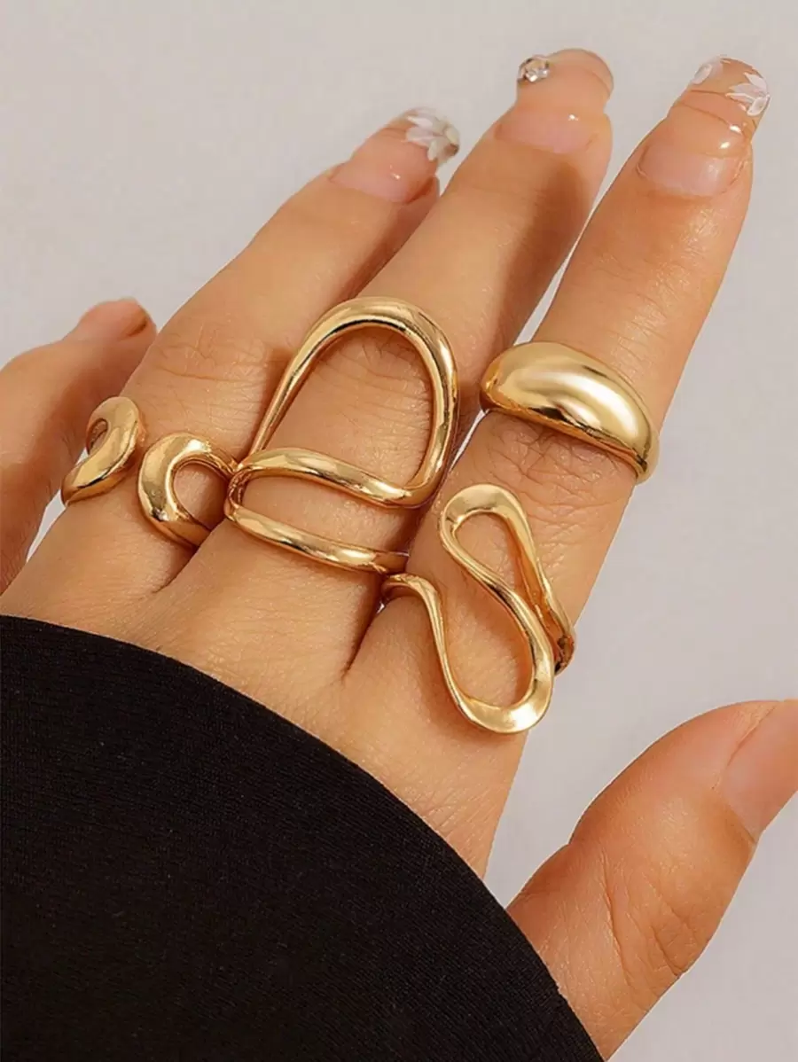 4pcs Geometric Simple Asymmetrical Hollow Arc Ring Set, Suitable For Women Daily Wear