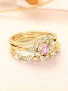 3pcs/Set Exquisite Y2K Pink Zirconia Rings Female Elegant Accessories For Engagement Gold Color/Silver Color Party Wedding Jewelry - Ring Set - View 3