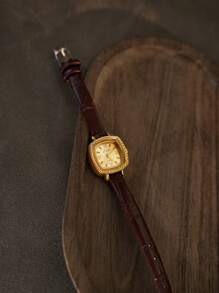 1pc New Vintage French Style Engraved Gold Square Small Dial Women's Watch, Fashion Minimalist Elegant Luxury Petite Waterproof Coffee Leather Strap Classic Quartz Ladies Wrist Watch Suitable For Daily Wear, Parties And Other Occasions - Coffee Brown - View 9