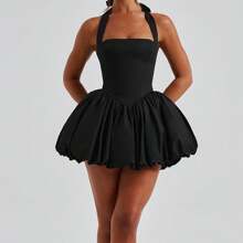 Women Y2K Halter Bubble Mini Dress Sleeveless Ruched Waist Mini Dress Sexy Open Back Tie Up Backless Corset Short Puff Dress Party Cocktail Clubwear Beach Club Streetwear - 黑色 - 查看 7