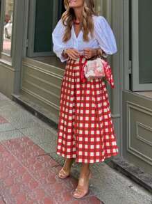 节日装春夏新款红色格子棋盘格时尚休闲度假舒适优雅浪漫口袋压褶女A字摆长款半身裙 - 紅色 - 查看 4
