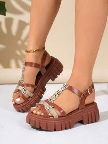 女童休闲豹纹系带凉鞋，舒适 - 棕色 - 查看 3