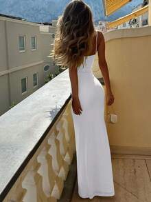 女士优雅浪漫日落约会情人节甜美蕾丝网纱超长连衣裙，修身白色春季派对 - 白色 - 查看 3