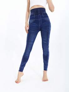 Women's Fashion Casual Sports Leggings With Blue Side High Waist Drawstring Pattern Print Denim Effect Slim-Fit High Stretch Soft Comfortable For Home Exercise Yoga Fitness Outdoor Activities Travel Walking - Blue - View 2