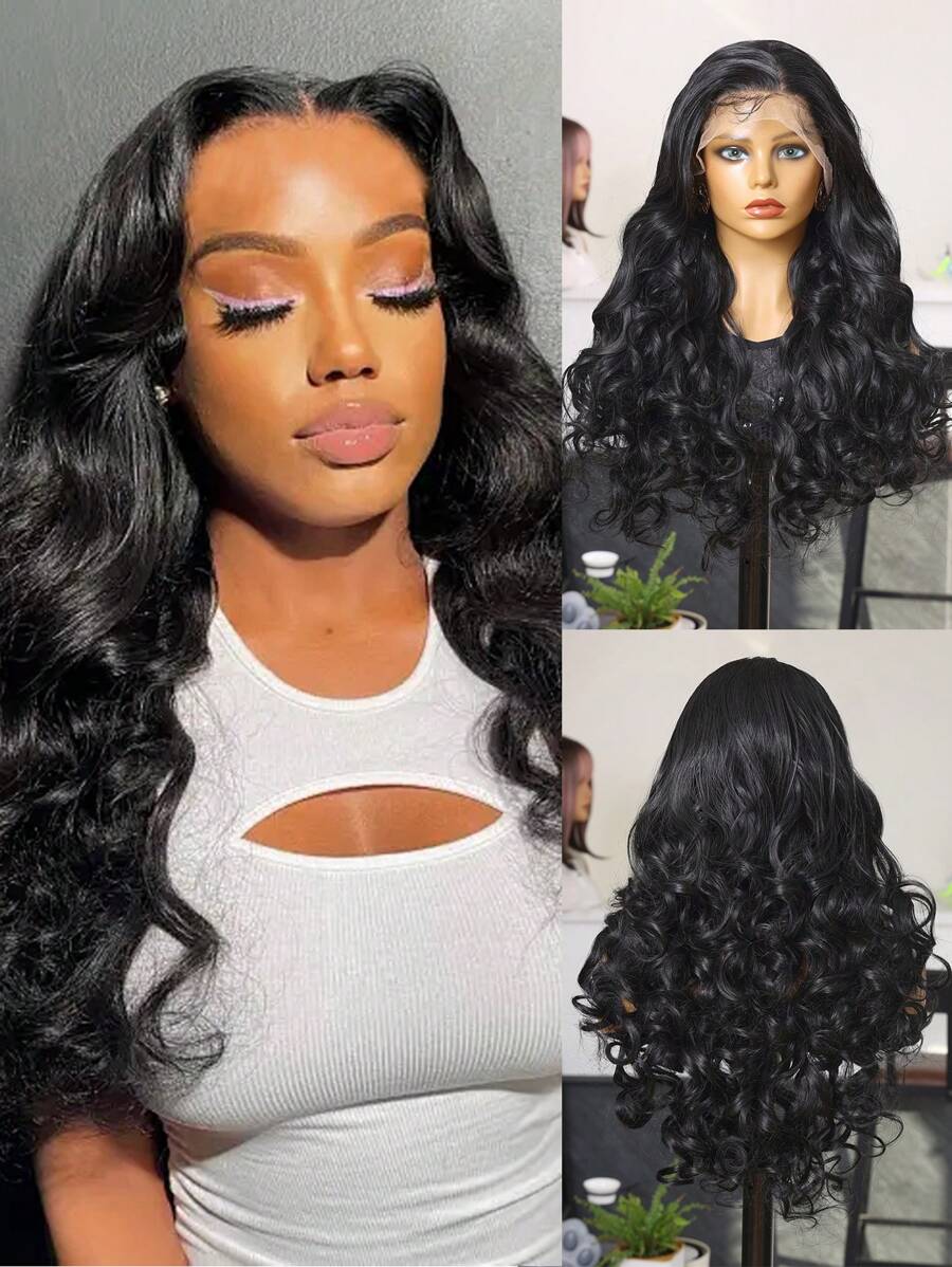(Black )13X4 Lace Front Wigs With Baby Hair Synthetic Fiber Imported From Japan 22 Inch Deep Wave Long Wigs Synthetic Fiber Heat-Resistant Wig Elastic Mesh Cap Suitable For All People Daily Gatherings, High-Quality Women's Natural And Beautiful Synthetic Soft Fake Fiber Hair
