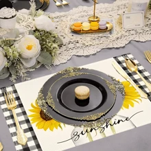 1/4/6pcs Sunflower Vase Summer Placemats, Sunflower & Vase Series Checkered Pattern Printed Polyester Linen Placemats, Table Mats, Hot Pads, Kitchen Decor, Western Dining Table Mats