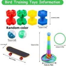9PCS Papegaaienspeelgoed Bureau Training Speel Intelligent Interactief Belspeelgoed Geschikt voor Kleine & Middelgrote Papegaaien, Inclusief Skateboard, Ringen, Kauwspeelgoed
