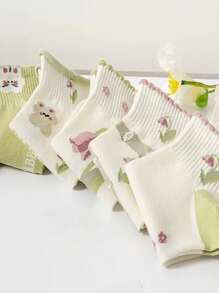 1pc Women's Short Socks Spring And Summer Flower Sweet And Cute Cartoon Little Fresh Rabbit Blue Green Ins