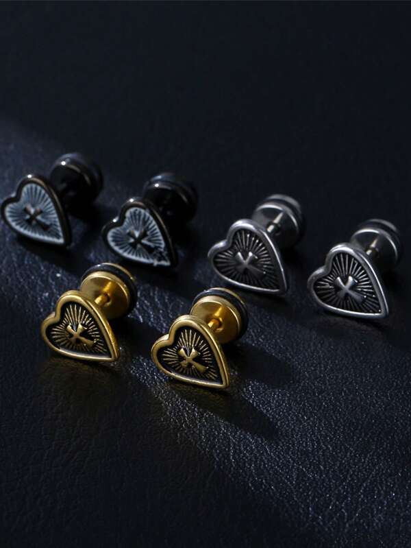 1pc European & American Style Punk Heart Shield Cross Titanium Steel Stud Earrings, Personalized Hip-Hop Jewelry For Men And Women
