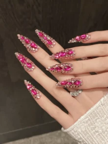 10 szt. luksusowych, ręcznie robionych, nakładanych paznokci, długich, migdałowych, sztucznych paznokci, bezsennych kwiatów, z 3-częściowym narzędziem, klejem do paznokci w formie zakładek, odpowiednich dla dziewcząt i kobiet na przyjęcia świąteczne.