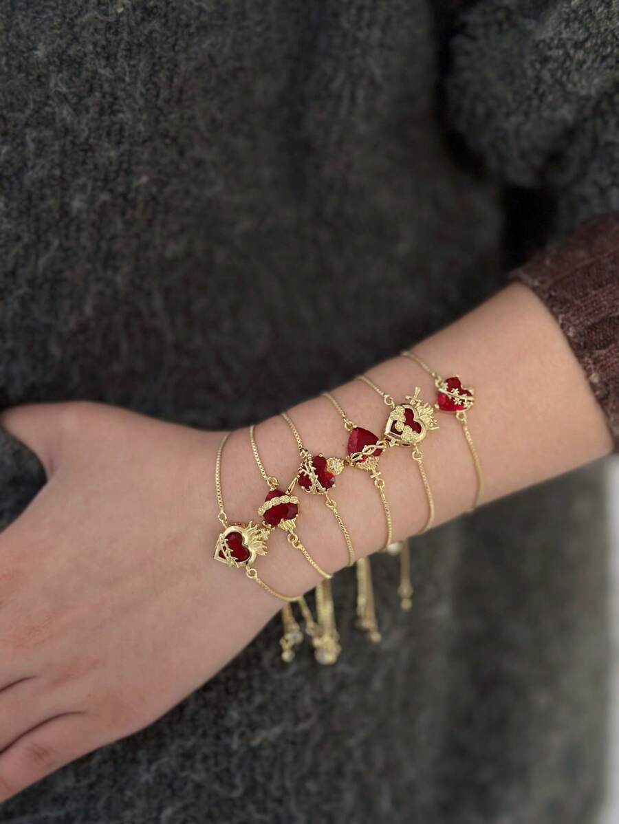 1pc Versatile Minimalist Red Zirconia Heart Adjustable Bracelet, Daily Accessory & Valentine's Day Gift