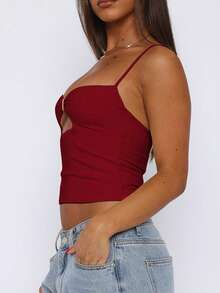 Women's Solid Color Hollow Out Ruffle Fitted Sexy Camisole Top, Music Festival Y2K Style - Red - View 4