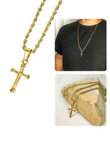 Corrente Cordão Masculino longo 70cm Fininho 2mm Elo Baiano Crucifixo Cruz Pequena Dourado Aço Inox