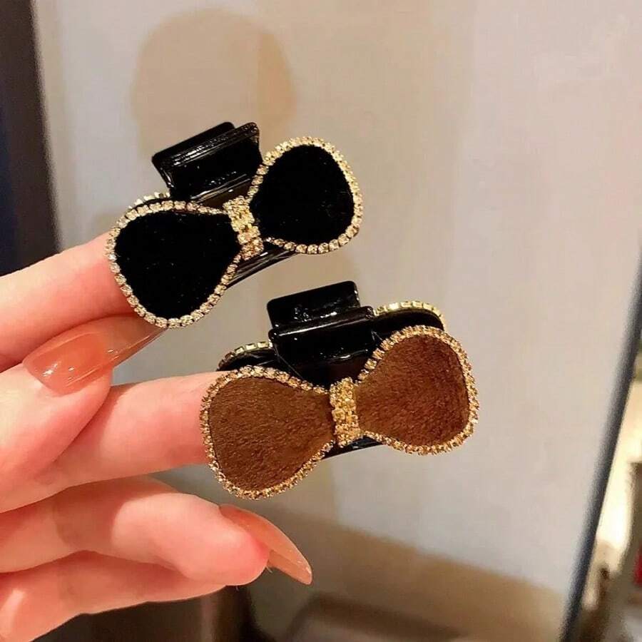 2pcs/Set Bowknot Crystal Decor Hair Clips, Suitable For Daily Wear Hair Claws Claw Clips Hair Jaw Clip Hair Clamps Hair Clutch Hair Catcher Clip - 2pcs Black + Brown Bow Tie Hair Grab - View 1