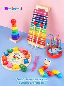 5-In-1 Wooden Toy Set: Percussion Instrument, Piano, Clock, Caterpillar, Beaded Puzzle, Music Educational Toys For Boys And Girls