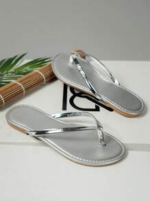 NANBEI ZUO 女士银色仿皮平底凉鞋，户外休闲平底凉鞋，新款女士优雅平底人字拖，女士家居平底拖鞋，女士时尚露趾平底凉鞋，春夏穿搭 - 銀色 - 查看 5