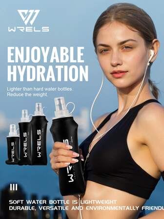 WRELS 1pc Black Foldable Silicone Soft Water Bottle, Convenient For Sports, Fitness, Cycling, Running