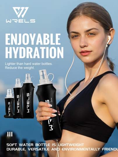 WRELS 1pc Black Foldable Silicone Soft Water Bottle, Convenient For Sports, Fitness, Cycling, Running