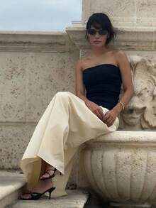 女士纯色无肩带拼接撞色连衣裙，时尚优雅，适合夏季穿着，黑色 - 黑色 - 查看 2