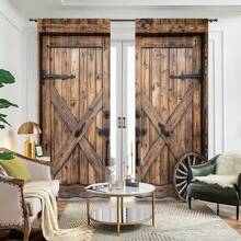 2 Pieces Of Simulated Wooden Door Handle Wheel Print Curtain 3D Digital Print Shade Curtain Retro Pasture Wood Pattern Suitable For Living Room Bedroom Study Dining Room HD Printing Soft Light Adjustment Four Seasons Universal Easy To Clean Anti-Fading Heat Insulation To Create A Romantic Atmosphere To Enhance Home Taste For Wardrobe Dust - Sprout Green - View 1