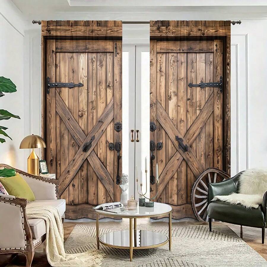 2 Pieces Of Simulated Wooden Door Handle Wheel Print Curtain 3D Digital Print Shade Curtain Retro Pasture Wood Pattern Suitable For Living Room Bedroom Study Dining Room HD Printing Soft Light Adjustment Four Seasons Universal Easy To Clean Anti-Fading Heat Insulation To Create A Romantic Atmosphere To Enhance Home Taste For Wardrobe Dust - Sprout Green - View 1